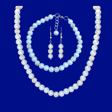 Load image into Gallery viewer, Jewelry Set - Bride Jewelry - Pearl Jewelry - handmade pearl and crystal necklace with a 5 inch backdrop accompanied by a matching bracelet and drop earrings, white or custom color