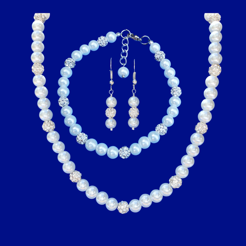 Jewelry Set - Bride Jewelry - Pearl Jewelry - handmade pearl and crystal necklace with a 5 inch backdrop accompanied by a matching bracelet and drop earrings, white or custom color