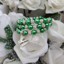 Load image into Gallery viewer, Handmade little sister pearl and pave crystal rhinestone expandable, multi-layer, wrap charm bracelet - green or custom color - Sister Pearl Bracelet - Sister Bracelet - Sister Gift