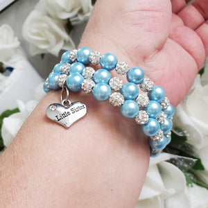 Handmade little sister pearl and pave crystal rhinestone expandable, multi-layer, wrap charm bracelet - light blue or custom color - Sister Pearl Bracelet - Sister Bracelet - Sister Gift