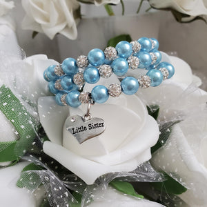Handmade little sister pearl and pave crystal rhinestone expandable, multi-layer, wrap charm bracelet - light blue or custom color - Sister Pearl Bracelet - Sister Bracelet - Sister Gift