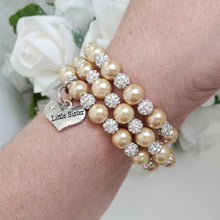 Load image into Gallery viewer, Handmade little sister pearl and pave crystal rhinestone expandable, multi-layer, wrap charm bracelet - champagne or custom color - Sister Pearl Bracelet - Sister Bracelet - Sister Gift