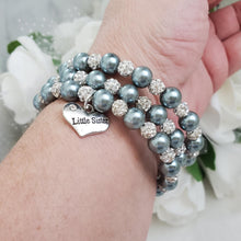Load image into Gallery viewer, Handmade little sister pearl and pave crystal rhinestone expandable, multi-layer, wrap charm bracelet - dark grey or custom color - Sister Pearl Bracelet - Sister Bracelet - Sister Gift