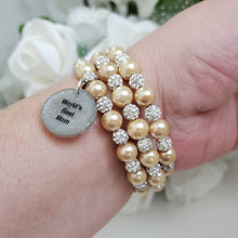 Load image into Gallery viewer, Handmade world&#39;s best mom pearl and pave crystal rhinestone multi-layer, expandable, wrap charm bracelet - champagne or custom color - #1 Mom Bracelet - Special Mother Gift - Mom Bracelet