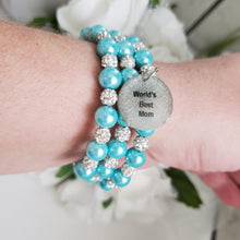 Load image into Gallery viewer, Handmade world&#39;s best mom pearl and pave crystal rhinestone multi-layer, expandable, wrap charm bracelet - aquamarine blue or custom color - #1 Mom Bracelet - Special Mother Gift - Mom Bracelet