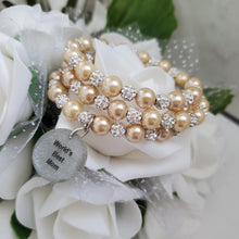 Load image into Gallery viewer, Handmade world&#39;s best mom pearl and pave crystal rhinestone multi-layer, expandable, wrap charm bracelet - champagne or custom color - #1 Mom Bracelet - Special Mother Gift - Mom Bracelet