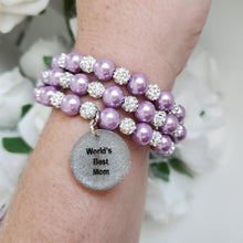 Load image into Gallery viewer, Handmade world&#39;s best mom ever pearl and pave crystal rhinestone multi-layer, expandable, wrap charm bracelet - lavender purple or custom color - #1 Mom Bracelet - Special Mother Gift - Mom Bracelet