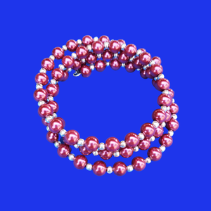 silver accented pearl expandable multi-layer wrap bracelet, bordeaux red or custom color - Bridesmaid Gift - Pearl Bracelet - Bracelets