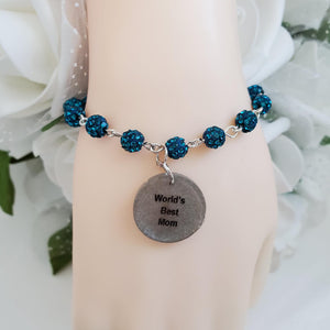 Handmade pave crystal rhinestone world's best mom charm bracelet - blue zircon or custom color - Mother Bracelet - Mom Bracelet - Mother Jewelry