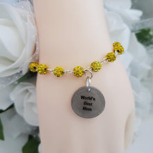 Load image into Gallery viewer, Handmade pave crystal rhinestone world&#39;s best mom charm bracelet - citrine (yellow) or custom color - Mother Bracelet - Mom Bracelet - Mother Jewelry
