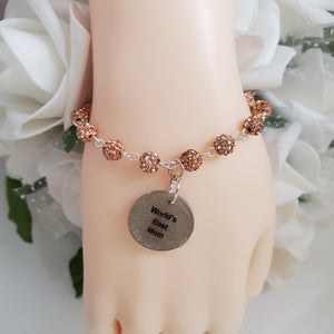 Handmade pave crystal rhinestone world's best mom charm bracelet - champagne or custom color - Mother Bracelet - Mom Bracelet - Mother Jewelry