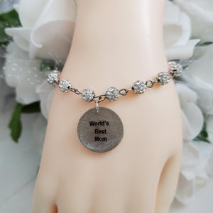 Handmade pave crystal rhinestone world's best mom charm bracelet - silver clear or custom color - Mother Bracelet - Mom Bracelet - Mother Jewelry