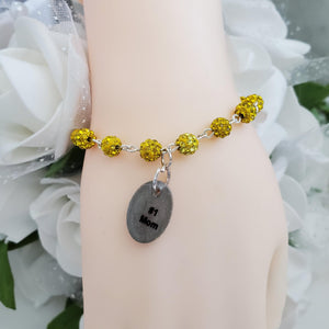 Handmade pave crystal rhinestone #1 mom charm bracelet - citrine (yellow) or custom color - Mother Bracelet - Mom Bracelet - Mother Jewelry
