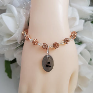 Handmade pave crystal rhinestone #1 mom charm bracelet - champagne or custom color - Mother Bracelet - Mom Bracelet - Mother Jewelry