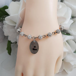 Handmade pave crystal rhinestone #1 mom charm bracelet - silver clear or custom color - Mother Bracelet - Mom Bracelet - Mother Jewelry