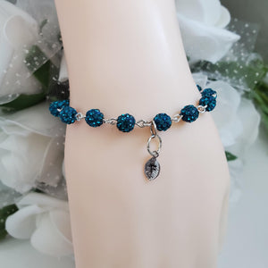 Handmade Personalized Pave Crystal Rhinestone Leaf Initial Charm Bracelet - blue zircon or custom color - Rhinestone Bracelet - Initial Bracelet - Link Bracelet