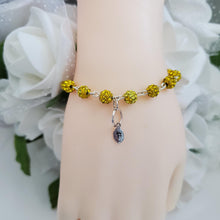 Load image into Gallery viewer, Handmade Personalized Pave Crystal Rhinestone Leaf Initial Charm Bracelet - citrine (yellow) or custom color - Rhinestone Bracelet - Initial Bracelet - Link Bracelet