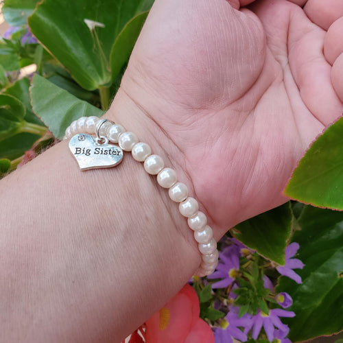 Handmade big sister pearl charm bracelet, white or custom color - Big Sister Jewelry - Sister Gift - Big Sister Gift