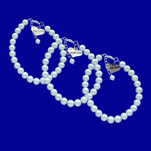 Three Sisters Gifts - Sister Bracelets - Sister Gift, 3 sister pearl charm bracelet, little sister, middle sister and big sister pearl charm bracelets, custom color