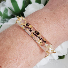 Load image into Gallery viewer, Handmade 18k personalized bar bracelet with gold flakes preserved in resin. - Love always word - Name Bracelet, Personalized Bracelet, Bracelets