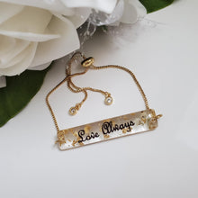 Load image into Gallery viewer, Handmade 18k personalized bar bracelet with gold flakes preserved in resin. - Love Always word - Name Bracelet, Personalized Bracelet, Bracelets