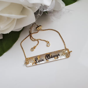 Handmade 18k personalized bar bracelet with gold flakes preserved in resin. - Love Always word - Name Bracelet, Personalized Bracelet, Bracelets