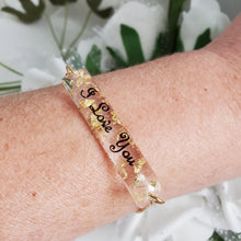 Load image into Gallery viewer, Handmade 18k personalized bar bracelet with gold flakes preserved in resin. - I Love You word - Name Bracelet, Personalized Bracelet, Bracelets