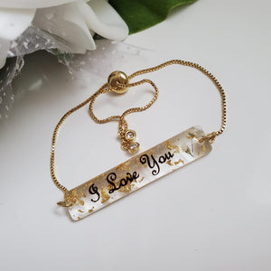Handmade 18k personalized bar bracelet with gold flakes preserved in resin. - I Love You word - Name Bracelet, Personalized Bracelet, Bracelets