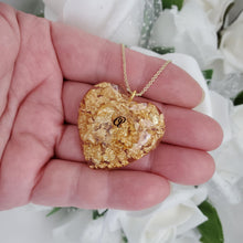 Load image into Gallery viewer, Handmade initial heart necklace pendant made with gold foil preserved in resin. - Initial Necklace, Heart Necklace, Necklaces