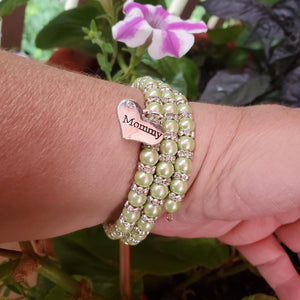Handmade Mommy pearl and crystal expandable, multi-layer wrap charm bracelet - light green -
