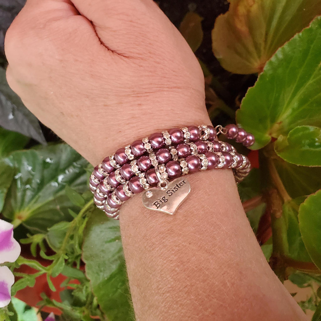 Handmade big sister pearl and crystal rhinestone expandable multi layer wrap charm bracelet, burgundy red or custom color - Big Sister Gift Ideas - Sister Gift - Big Sister Gift