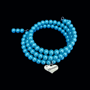 Mommy Handmade Pearl Multi-Layer, Wrap, Expandable Charm Bracelet, aquamarine blue or custom color