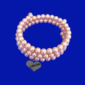handmade little sister pearl expandable, multi-layer, wrap charm bracelet, powder orange or custom color - Little Sister Pearl Bracelet - Sister Gift - Sister Jewelry