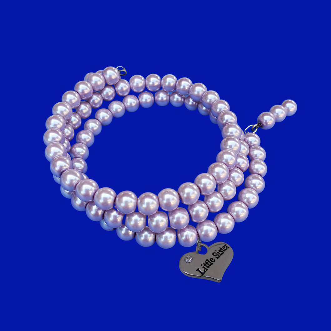 handmade little sister pearl expandable, multi-layer, wrap charm bracelet, lavender purple or custom color -Little Sister Pearl Bracelet - Sister Gift - Sister Jewelry 