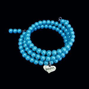Handmade Nana Multi-Layer, Expandable, Wrap Pearl Charm Bracelet, Aqua Marine Blue or custom color