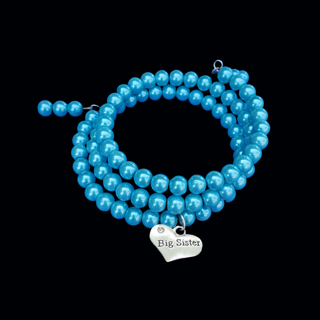 Big Sister Gift - Big Sister Gift Ideas - Sister Gift, big sister pearl expandable multi layer wrap charm bracelet, aquamarine blue or custom color