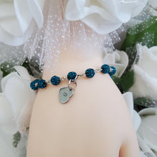 Load image into Gallery viewer, Handmade Personalized Pave Crystal Rhinestone Heart Initial Charm Bracelet - blue zircon or custom color - Rhinestone Bracelet - Initial Bracelet - Link Bracelet