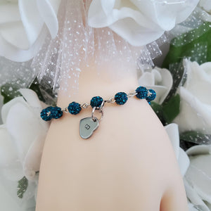 Handmade Personalized Pave Crystal Rhinestone Heart Initial Charm Bracelet - blue zircon or custom color - Rhinestone Bracelet - Initial Bracelet - Link Bracelet