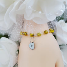Load image into Gallery viewer, Handmade Personalized Pave Crystal Rhinestone Heart Initial Charm Bracelet - citrine (yellow) or custom color - Rhinestone Bracelet - Initial Bracelet - Link Bracelet