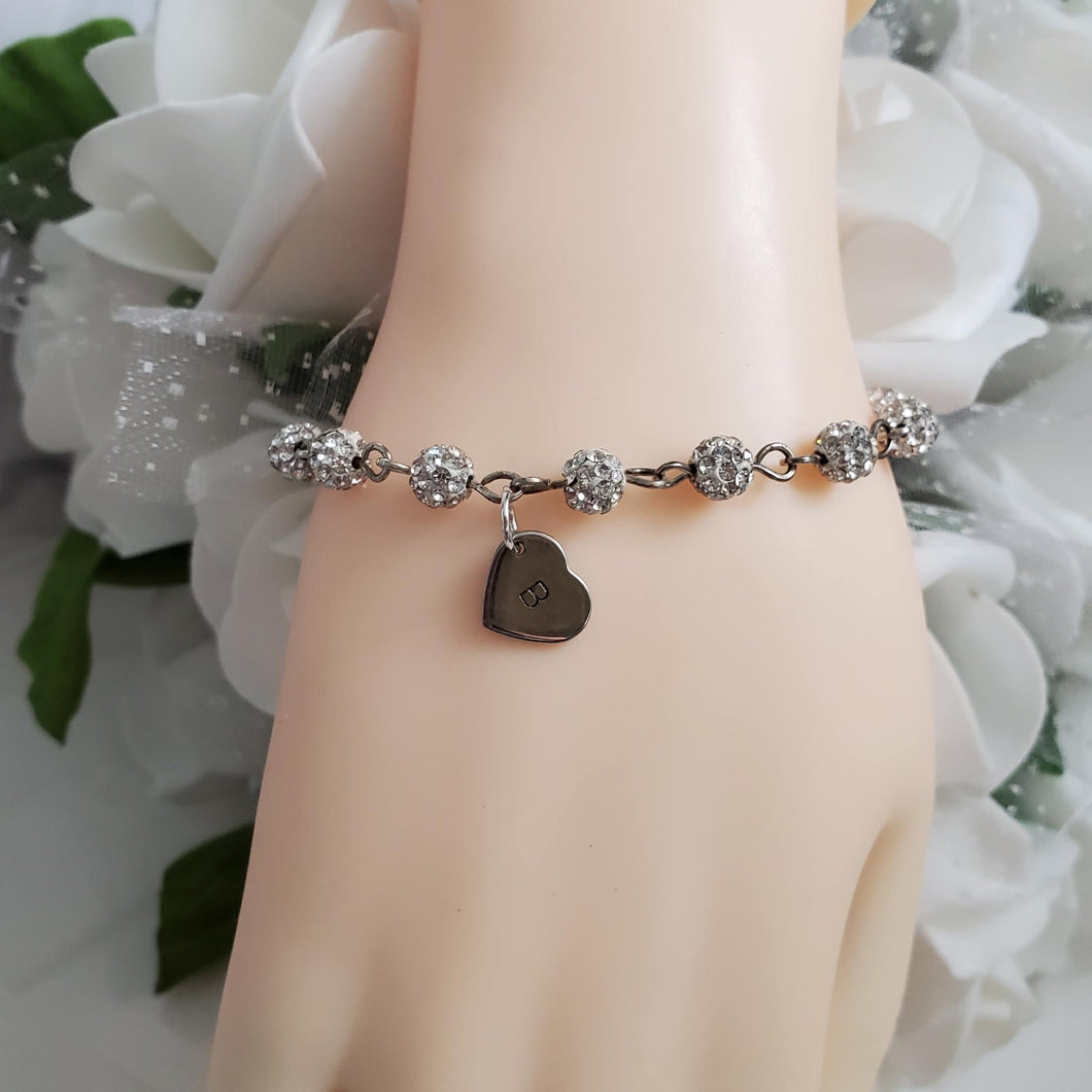 Handmade Personalized Pave Crystal Rhinestone Heart Initial Charm Bracelet - silver clear or custom color - Rhinestone Bracelet - Initial Bracelet - Link Bracelet