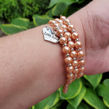 Load image into Gallery viewer, Handmade little sister silver accented pearl expandable, multi-layer, wrap charm bracelet, powder orange or custom color - Little Sister Bracelet - Sister Jewelry - Sister Gift