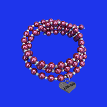 Load image into Gallery viewer, Handmade little sister silver accented pearl expandable, multi-layer,  wrap charm bracelet, bordeaux red or custom color - Little Sister Bracelet - Sister Jewelry - Sister Gift