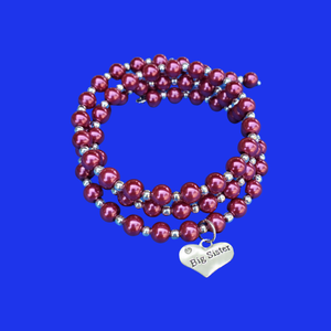 Big Sister Present - Sister Gift - Big Sister Jewelry, big sister silver accented pearl expandable multi layer wrap charm bracelet, bordeaux red or custom color