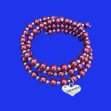 Load image into Gallery viewer, mommy silver accented pearl expandable multi layer wrap charm bracelet, bordeaux red or custom color - Mommy Pearl Bracelet - Mother Jewelry - Mommy Gift