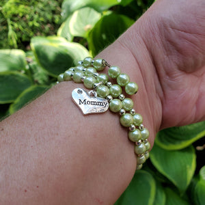 mommy silver accented pearl expandable multi layer wrap charm bracelet, light green or custom color - Mommy Pearl Bracelet - Mother Jewelry - Mommy Gift