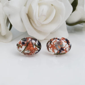 Flower Stud Earrings, Earrings, Oval Earrings - handmade resin oval stud earrings with lavender petals and rose gold flakes