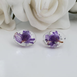 Flower Stud Earrings, Earrings, Oval Earrings - handmade resin oval stud earrings with lavender flowers and silver flakes