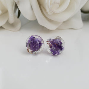 Flower Stud Earrings, Resin Earrings, Round Earrings - Handmade real flower resin round stud earrings made with purple statice and silver flakes