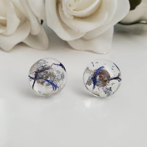 Flower Stud Earrings, Resin Earrings, Round Earrings - Handmade real flower resin round stud earrings made with blue cornflower and silver flakes