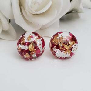 Flower Stud Earrings, Resin Earrings, Round Earrings - Handmade real flower resin round stud earrings made with rose petals and gold flakes